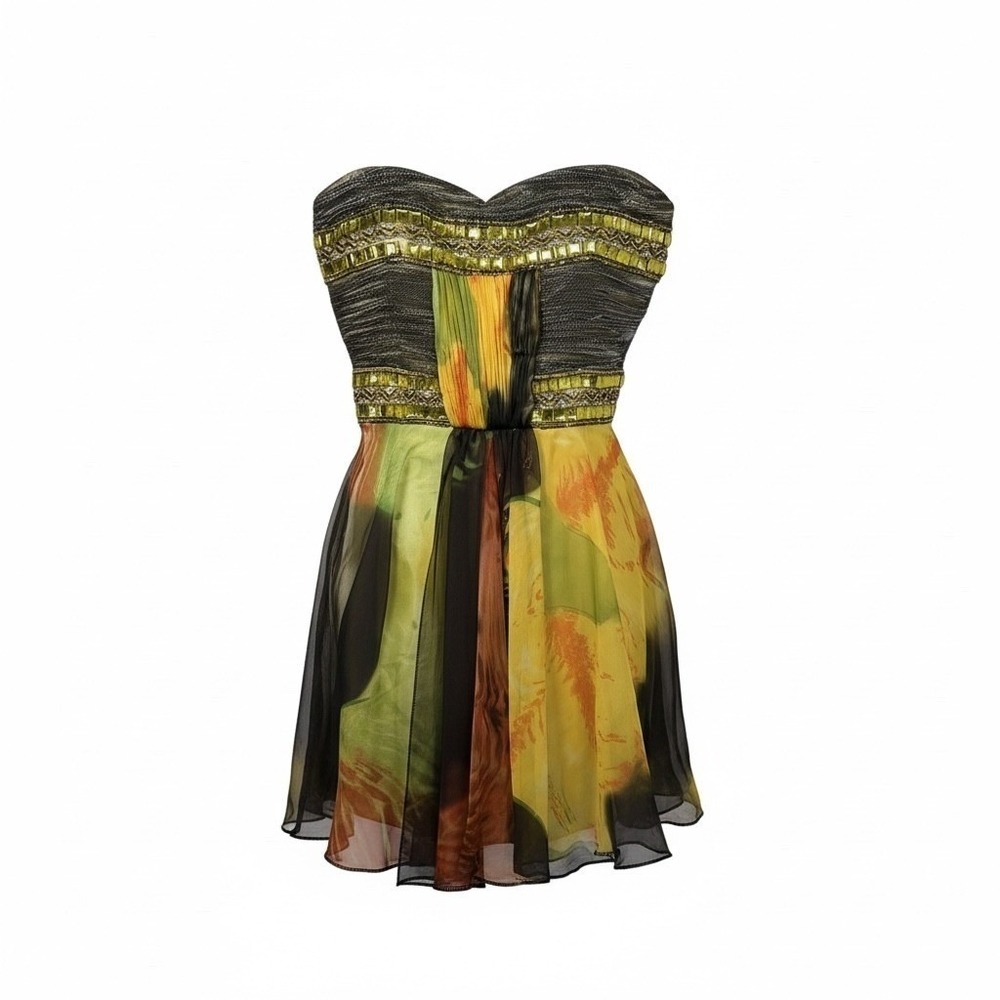 Riva Designs Y2K‎ Strapless Beaded  Mini Dress Handkerchief Hem Prom Party